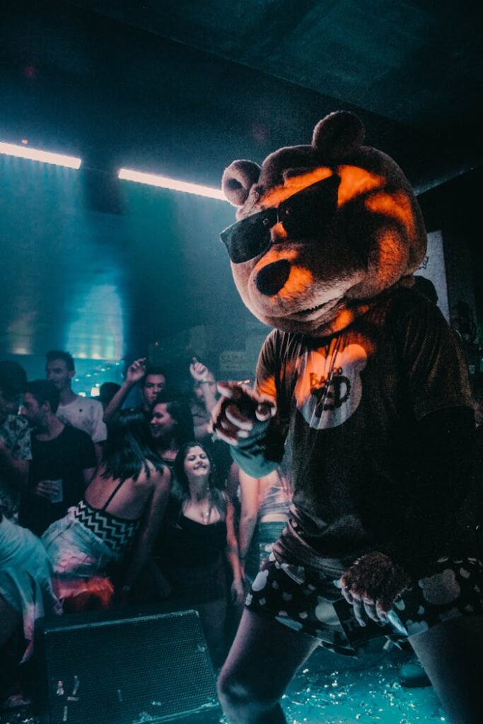 Vibrant nightlife scene at a club in Videira, Brazil featuring a lively mascot performance.